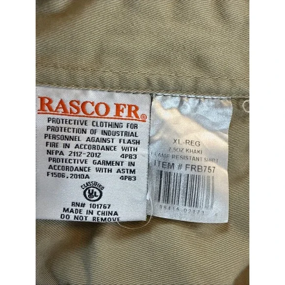 Rasco FR Flame Resistant Shirt Men XL Khaki Button Up Work Shirt Thrashed‎ - Picture 6 of 12